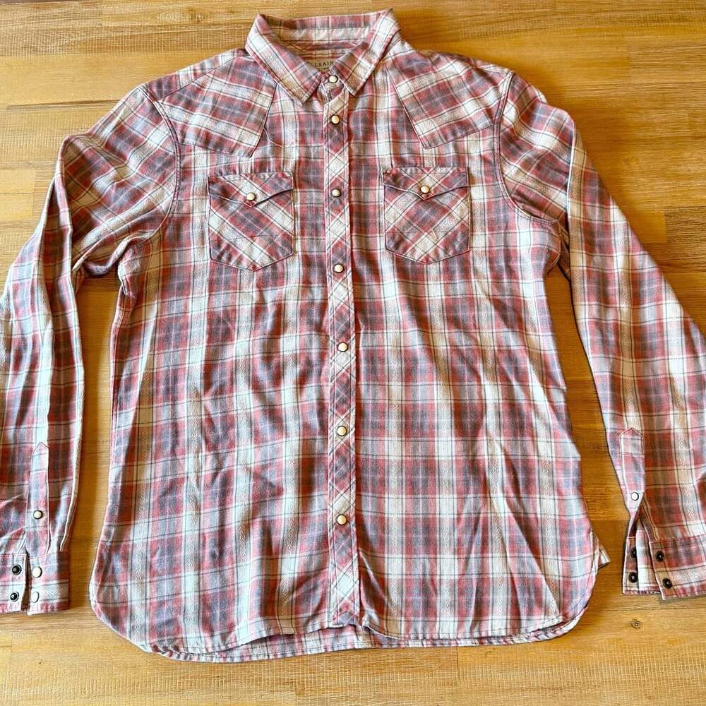 AllSaints Red and Gray Plaid Western Pearl Snap Long Sleeve Shirt Large